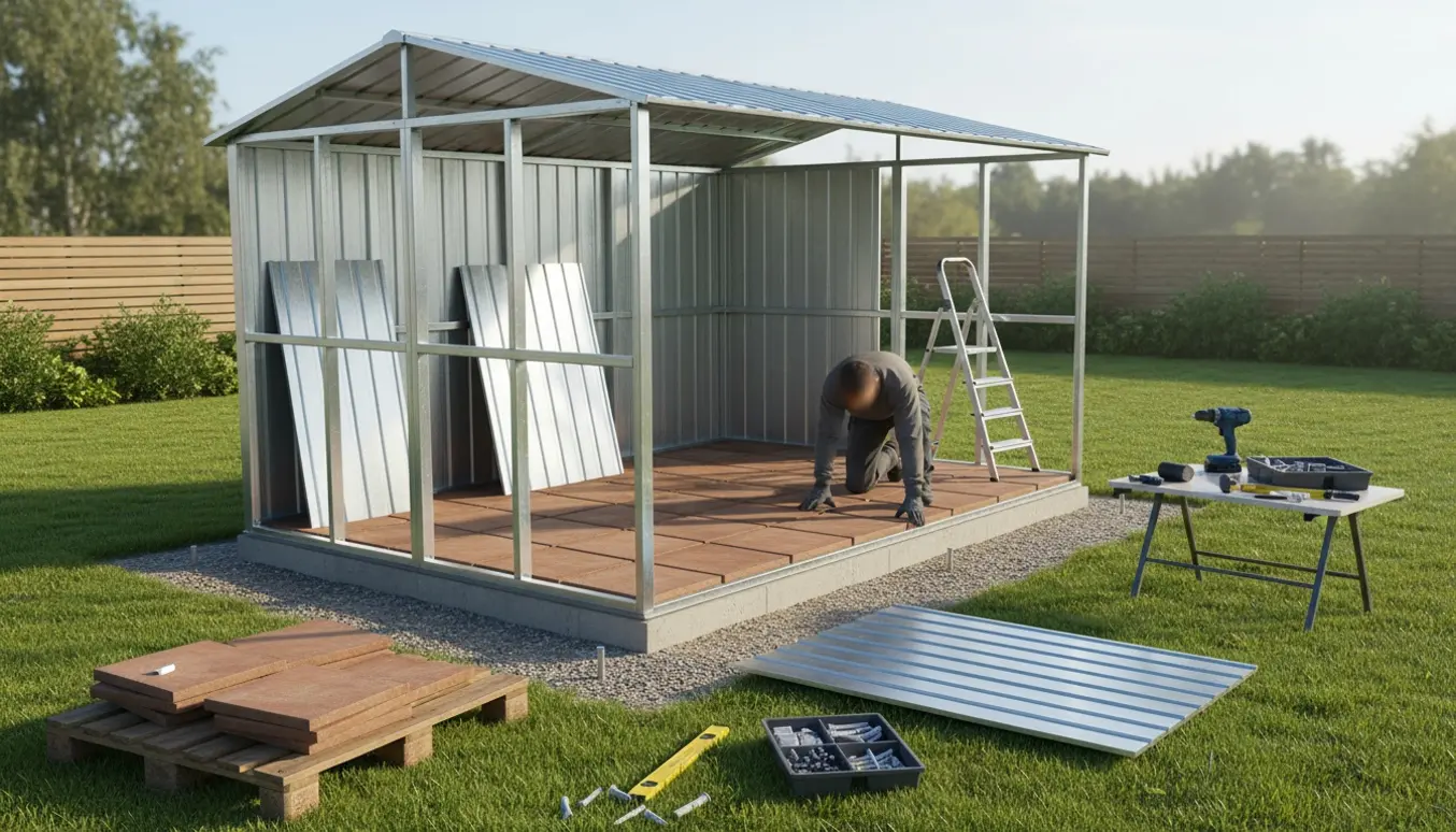 Delvist samlet metalskur i have med gulvvanger og lægning af herregårdsfliser, værktøj i forgrunden.