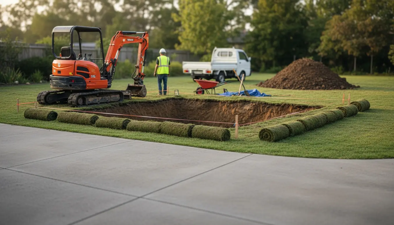 Mini-gravemaskine graver et firkantet hul i en baghave med jord samlet i et fjernt hjørne.
