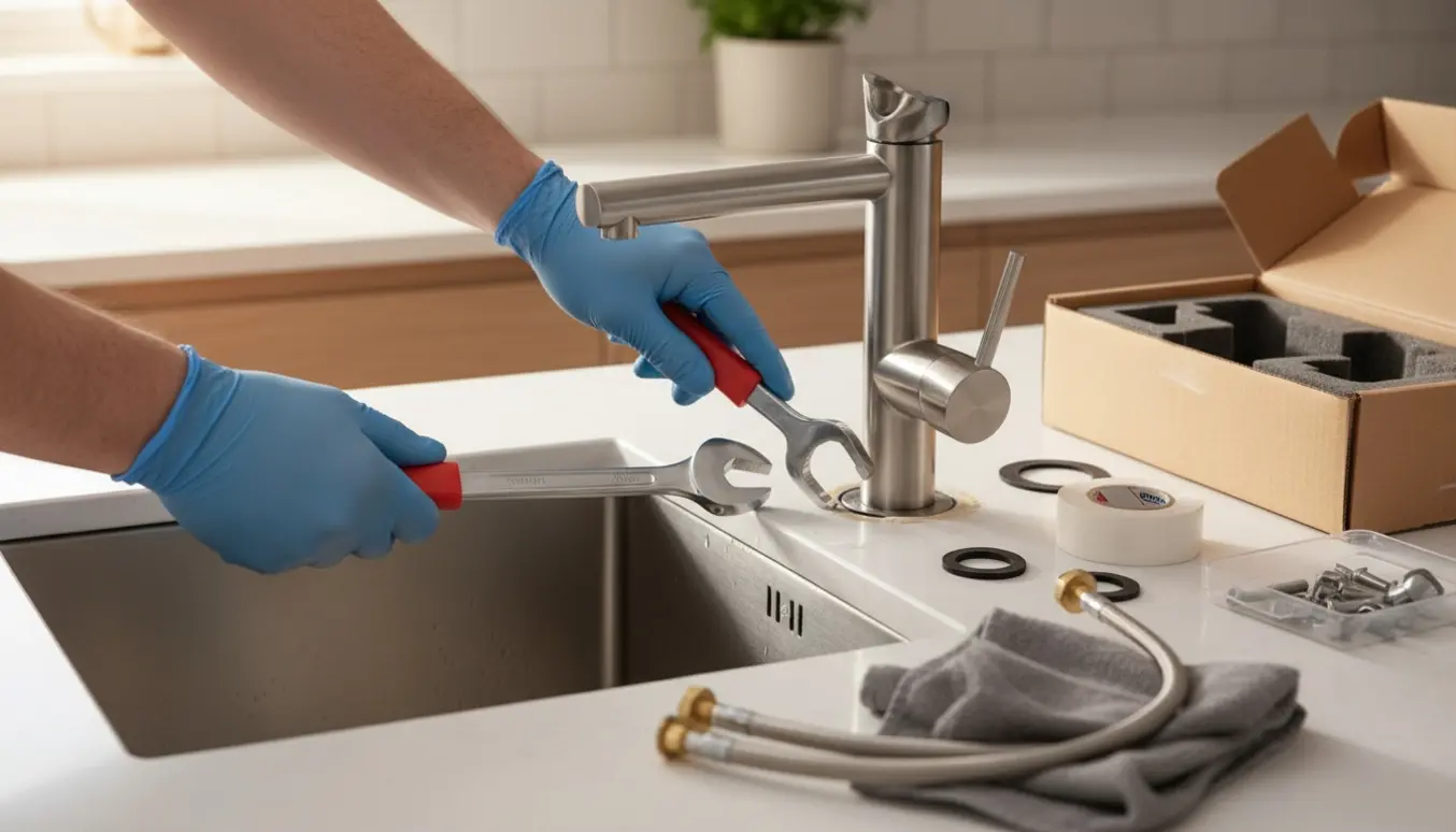 Hænder monterer en ny Camargue rustfri stålvandhane ved køkkenvasken med værktøj og reservedele.