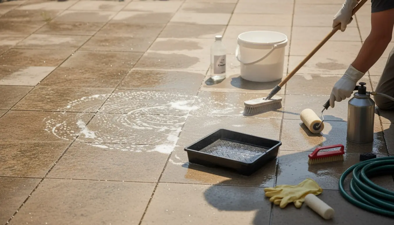 Terrasse med rene og snavsede fliser, hvor fliser renses med børste og imprægneres med roller, omgivet af værktøj og spand.