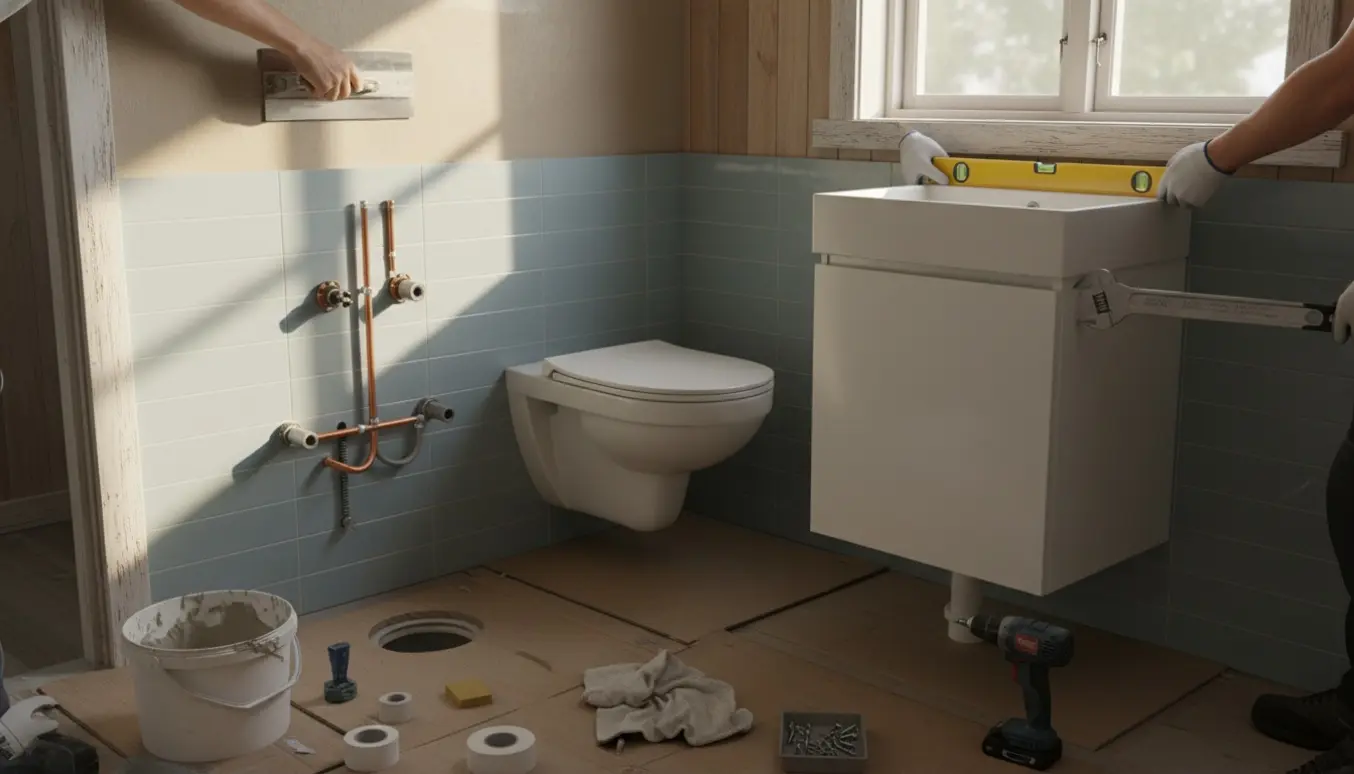 Håndværker pudser væg og monterer nyt toilet og skab i et lille sommerbadeværelse.