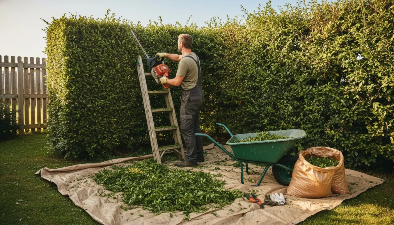 En person trimmer en lang hæk fra siden og toppen med en hækkeklipper, mens friske klip ligger i en trillebør.