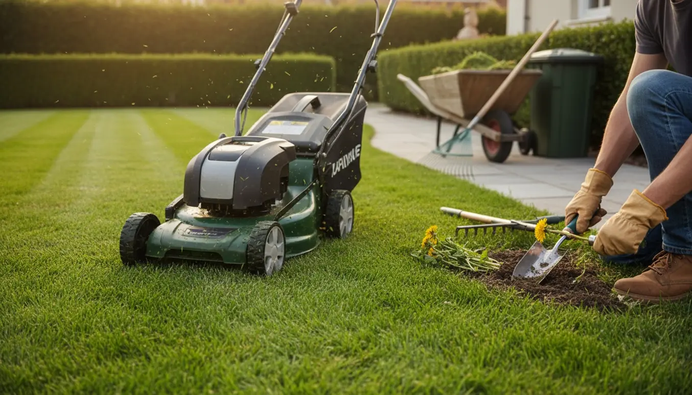 En soloplyst have med en person, der slår græs med plæneklipper, mens ukrudt fjernes med håndredskaber.