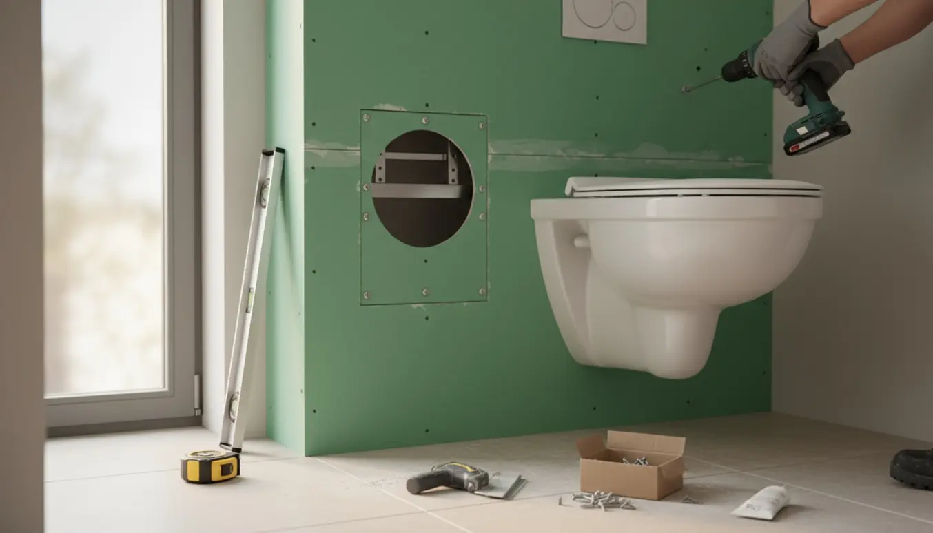 Montage af grøn vådrumsgipsplade foran et væghængt toilet med et aftageligt adgangsmodul og værktøj på fliserne.