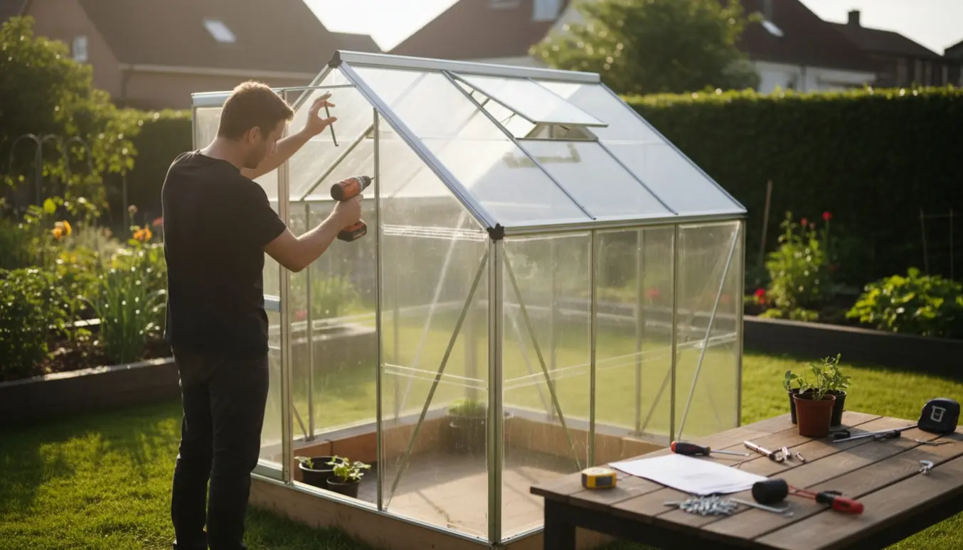 Opsætning af et 9,9 m² drivhus i en baghave med hænder, der fastgør polycarbonatpaneler og værktøj på et arbejdsbord.