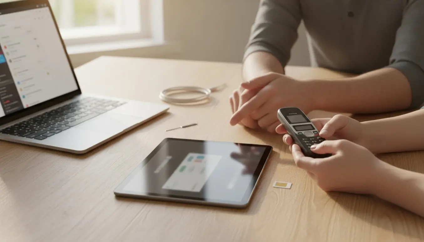 Hænder ordner konto- og appindstillinger på en tablet med en gammel Nokia-telefon og SIM-kort på et bord.