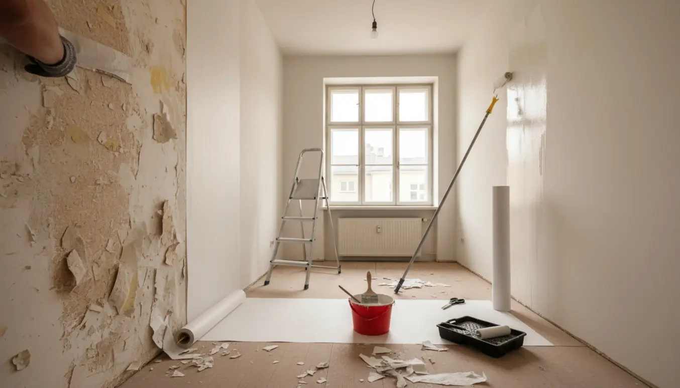 Lejlighedsrum under renovering med fjernet savsmuldstapet, opsat filt og hvid maling samt værktøj i forgrunden.