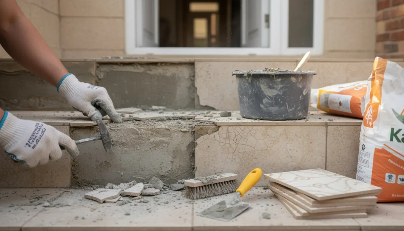 Nærbillede af muret trappe ved hoveddør med løse klinker og håndværktøj klar til renovering.