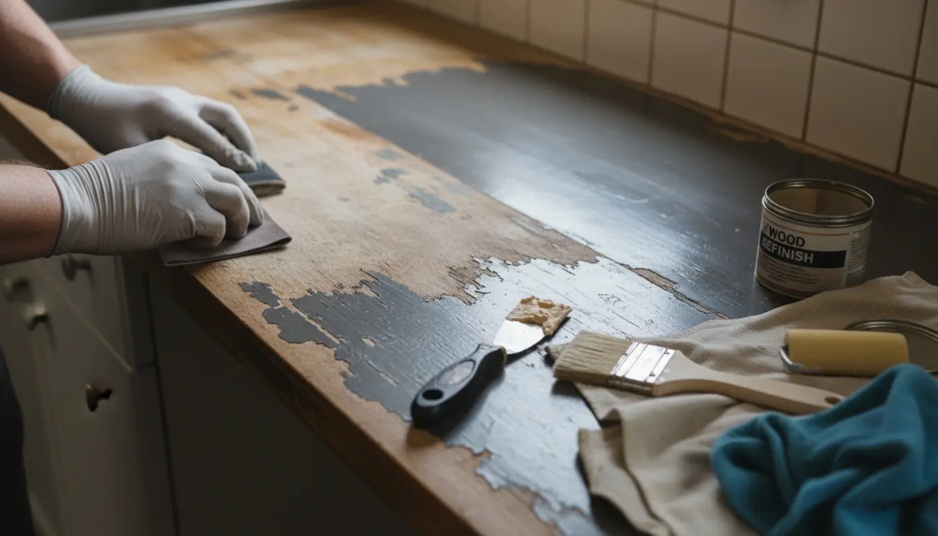 Nærbillede af en køkkenbordplade med slidt overflade og værktøj til slibning og reparation.