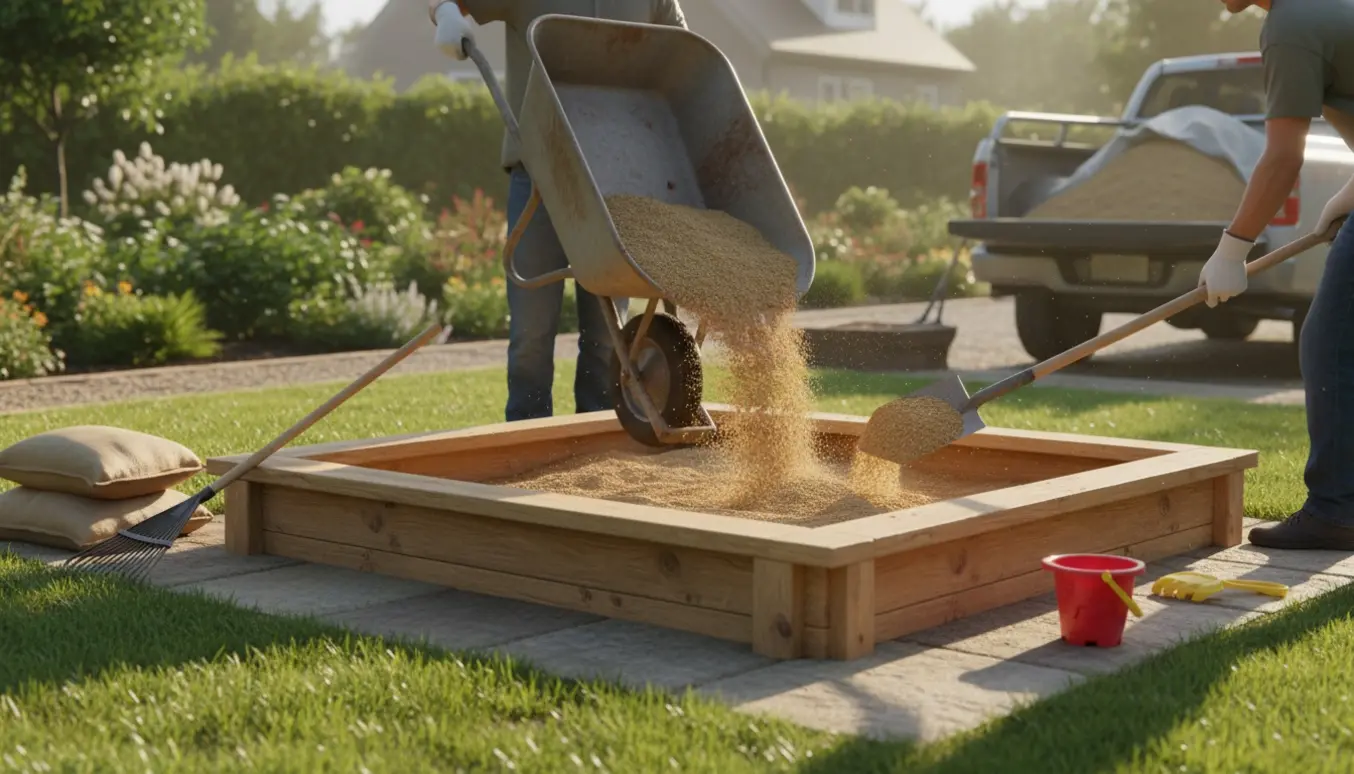 Firkantet sandkasse i haven fyldes med sand fra trillebør og skovl i blødt morgenlys.