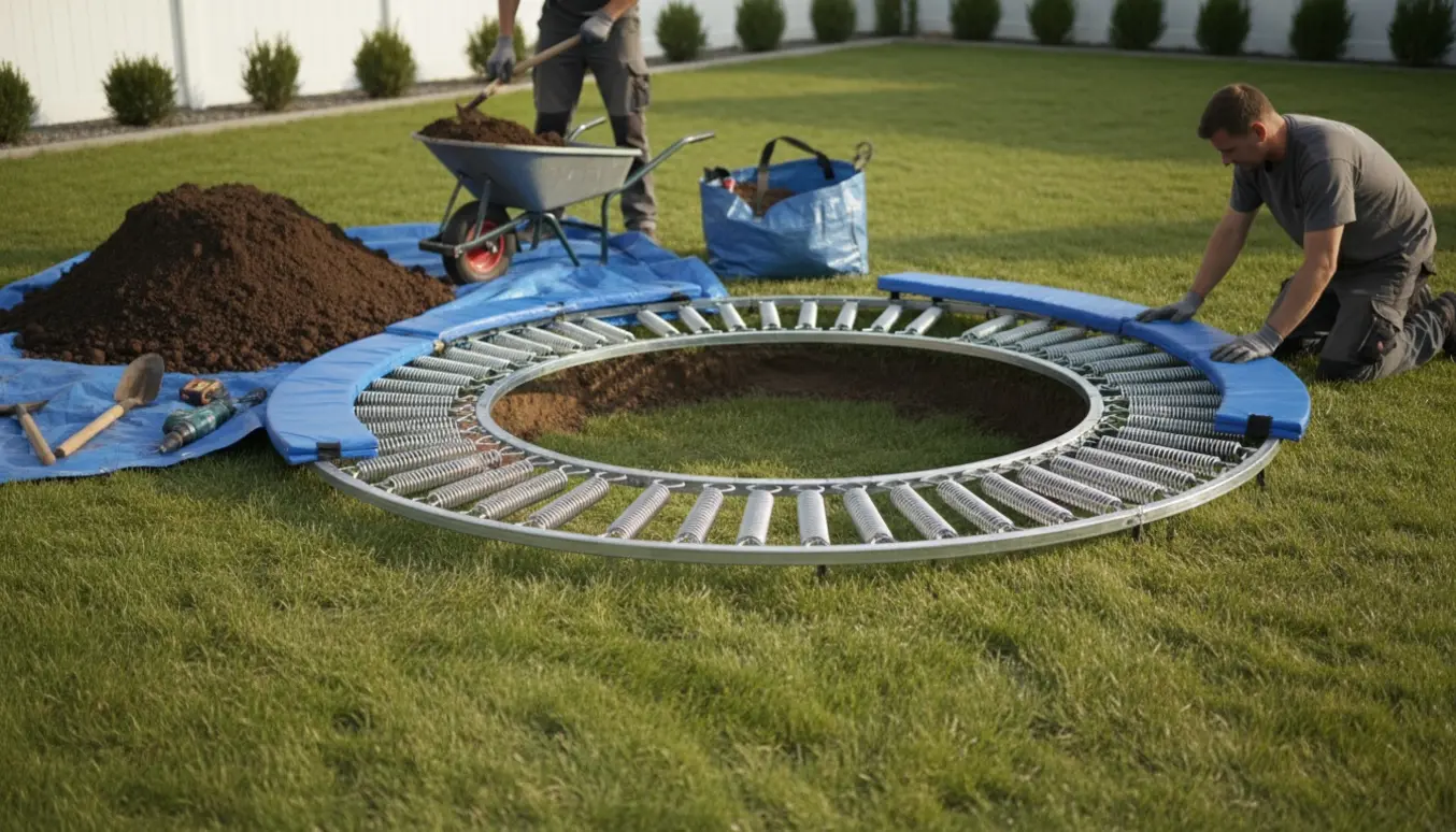 Nedgravet trampolin ved installation i baghave med jord, værktøj og arbejdshandsker.