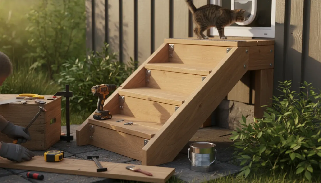 Udendørs hjemmelavet trappe i træ fører op til en kattelem i vinduet med værktøj og en kat set bagfra.