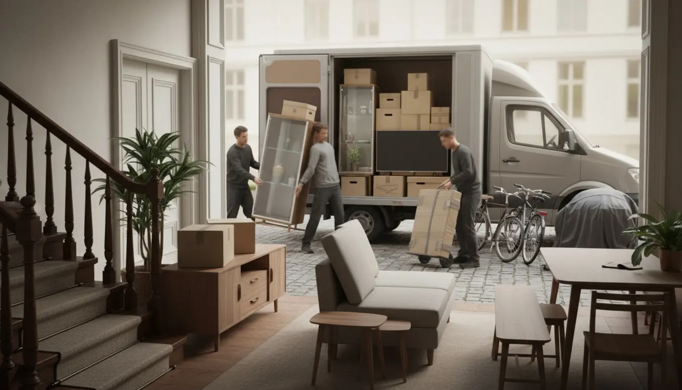 Flyttefolk transporterer møbler og stabler flyttekasser ved en lejlighedsopgang med elevator og trappe.