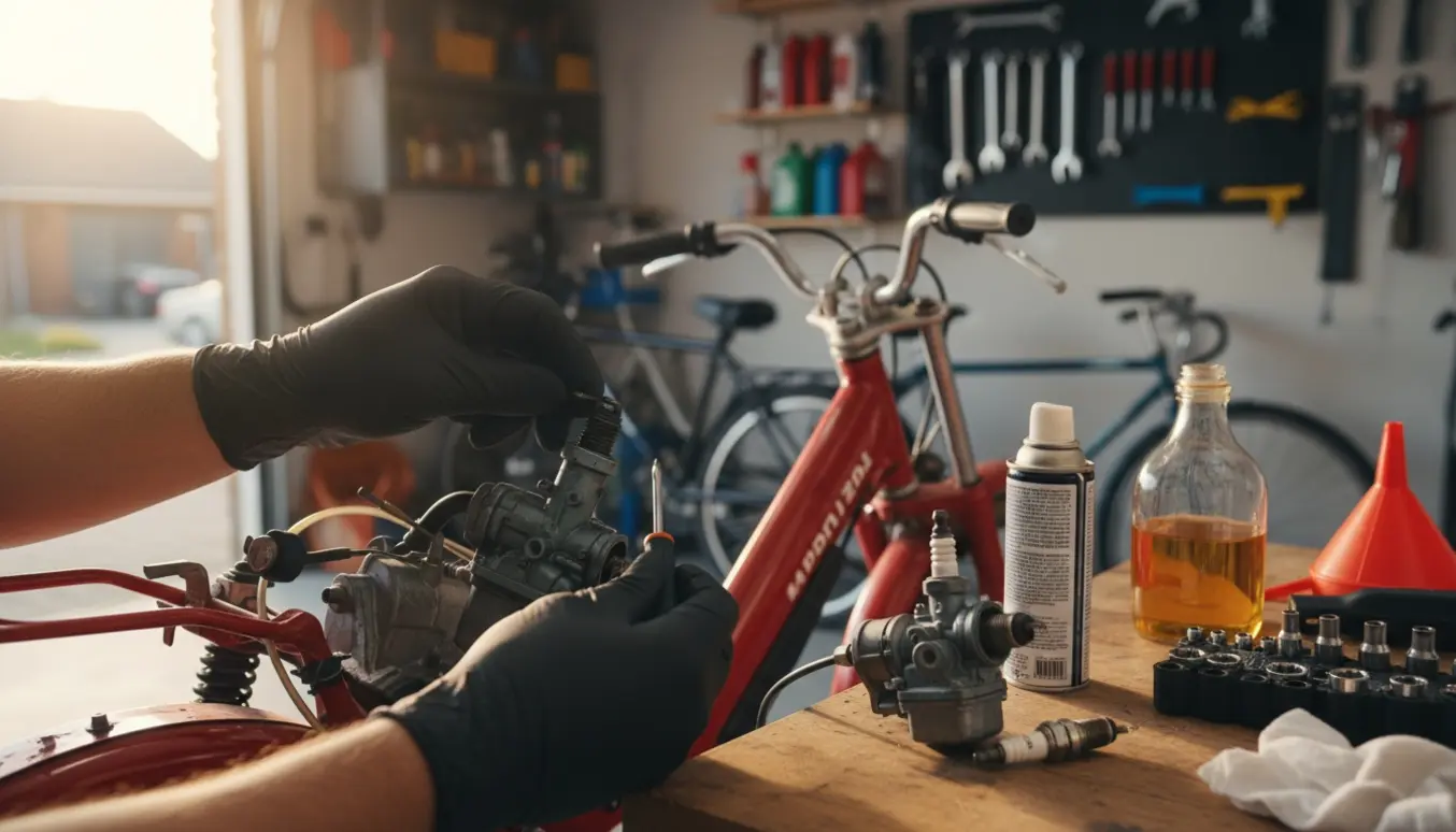 Hænder arbejder på en knallerts karburator i en soloplyst garage med værktøj og reservedele.