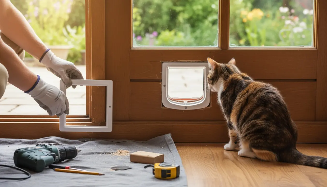Opsætning af kattelem i træbeklædt terassedør med værktøj og en nysgerrig kat.