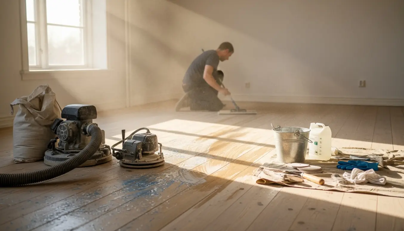 Halvslebet trægulv med sliber, støv, sæbe og lud, og en person der påfører sæbe uden synligt ansigt.