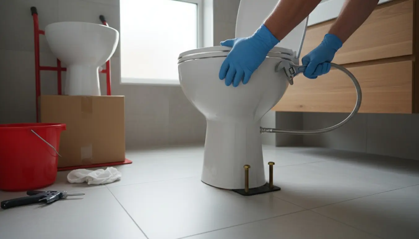 Håndværker monterer et nyt hvidt toilet i et lille badeværelse med værktøj og emballage i baggrunden.