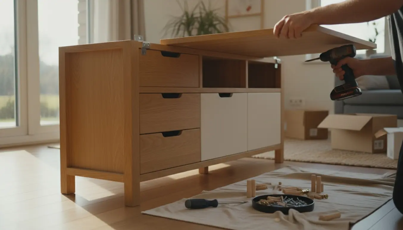 Hænder færdigmonterer en træskænk med skruemaskine og skruetrækker i naturligt lys.