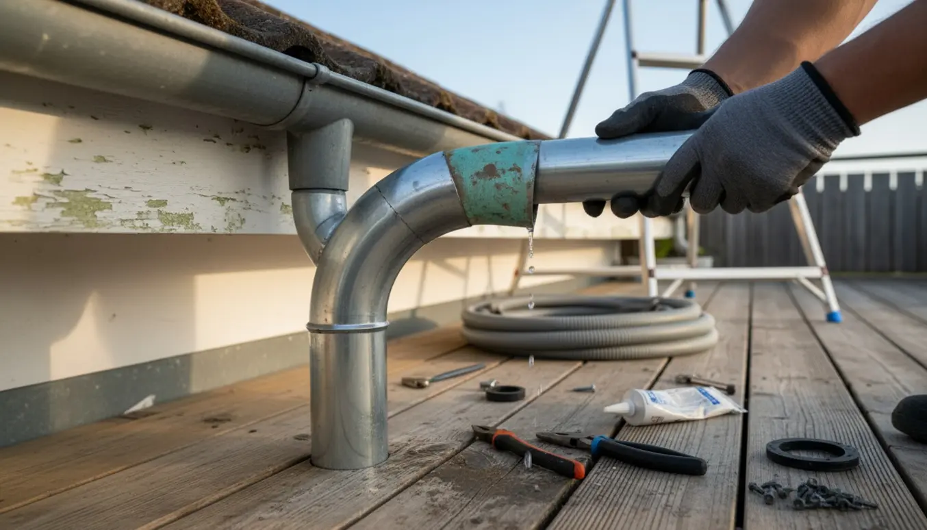 Nærbillede af udskiftning af zinknedløbsrør ved terrasse med handsker, nyt rør og værktøj.