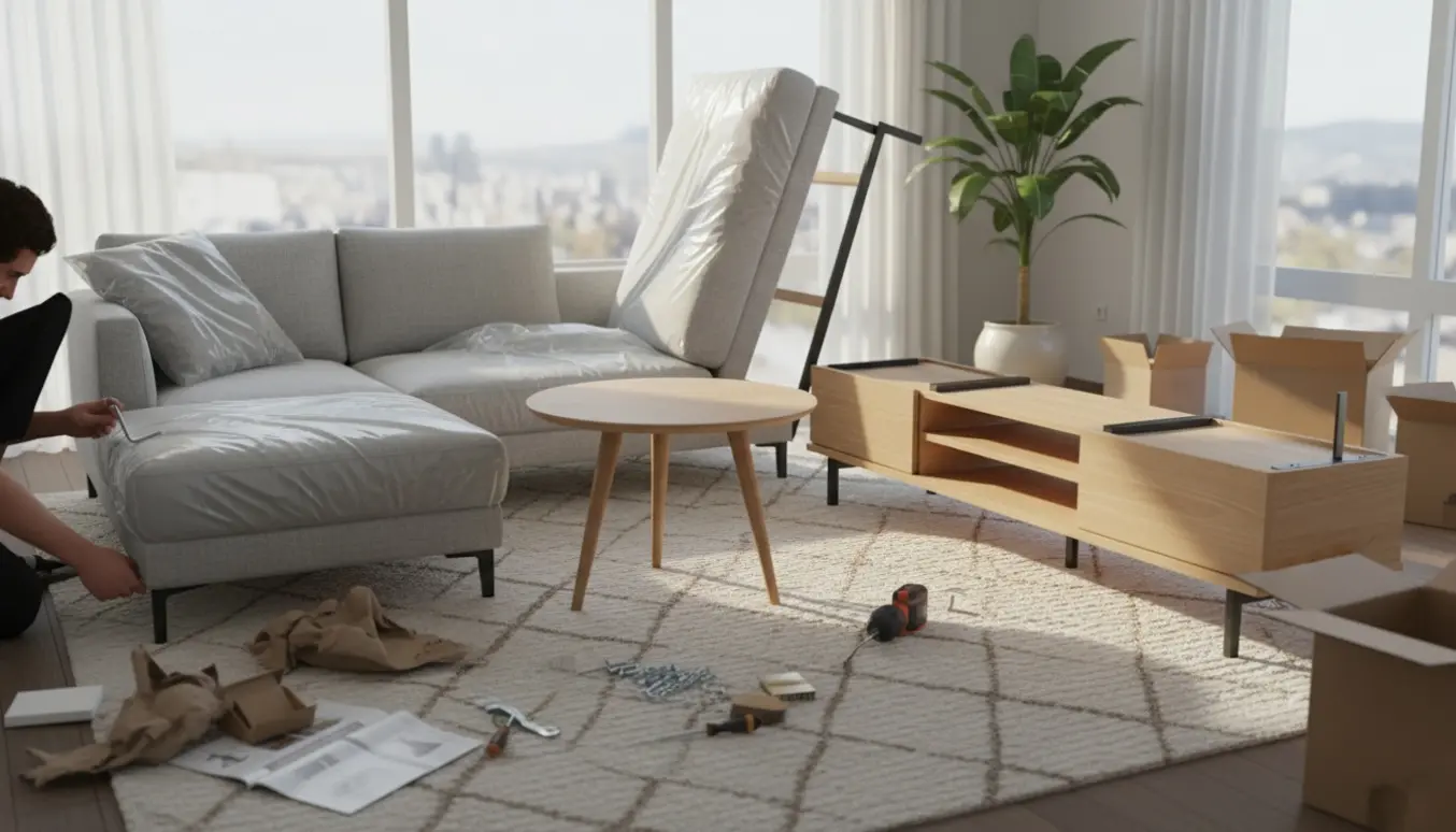 Person samler et hjørnesofa, tv-bord og sofabord i en lys, moderne stue med værktøj og åbne kasser.