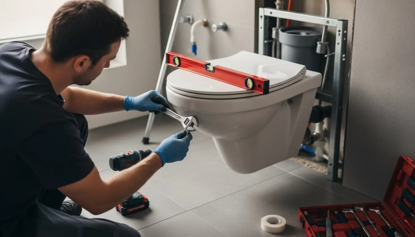 Håndværker monterer et hængetoilet i et moderne badeværelse med fokus på hænder og monteringsdetaljer.