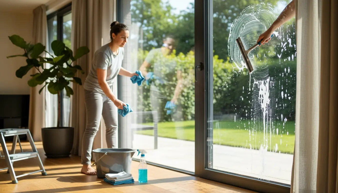 Indvendig vinduesvask i en lys étplansvilla med vinduesskraber, klud og spand på gulvet.