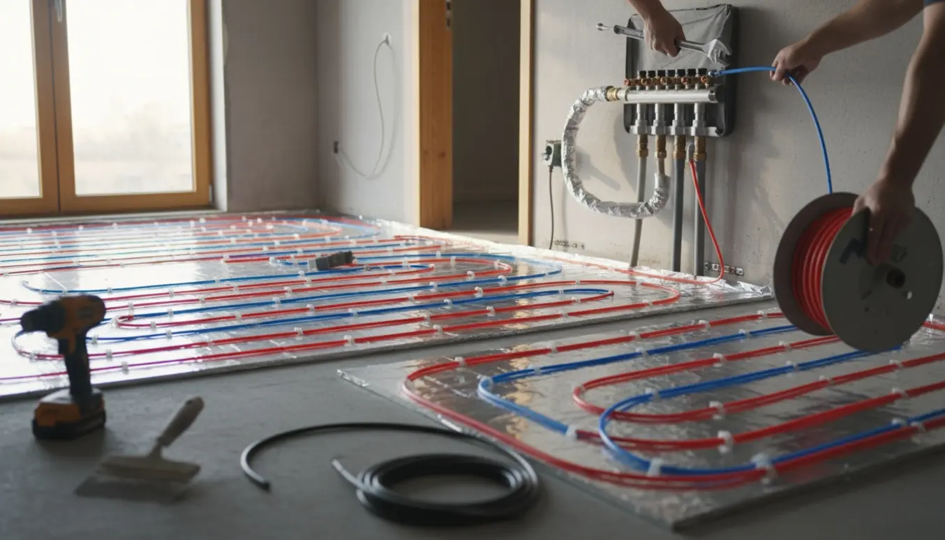Klar gulvkonstruktion med lagt gulvvarmerør og tilsluttet manifold i et lyst rum.