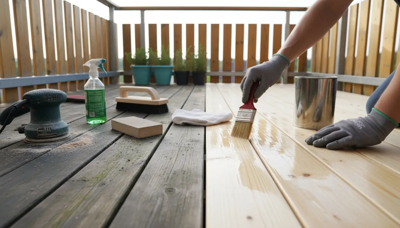 Nærbillede af vedligeholdelse af en træaltan med rensning, slibning, algebehandling og oliering.