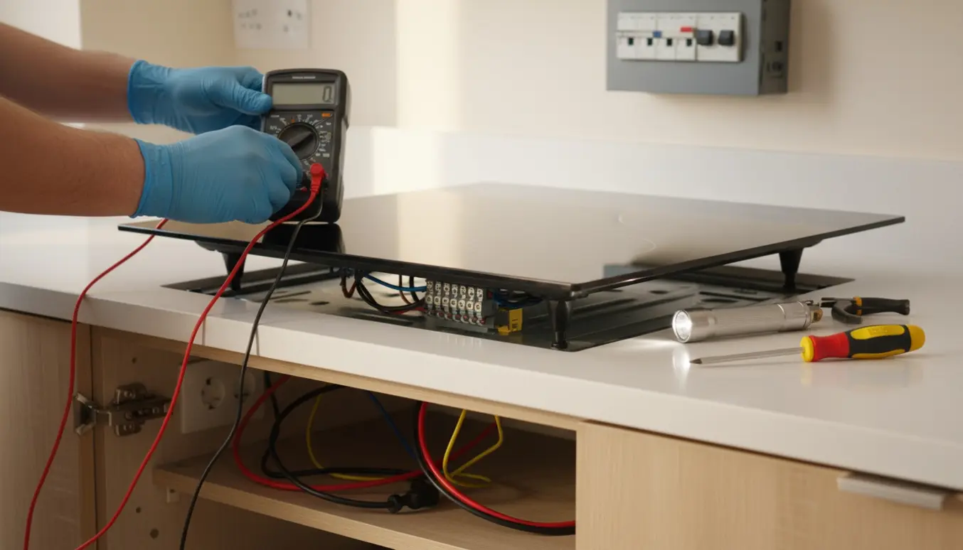 Nærbillede af en slukket induktionskogeplade med åben tilslutningsboks og multimeter, mens hænder måler strømtilslutningen.