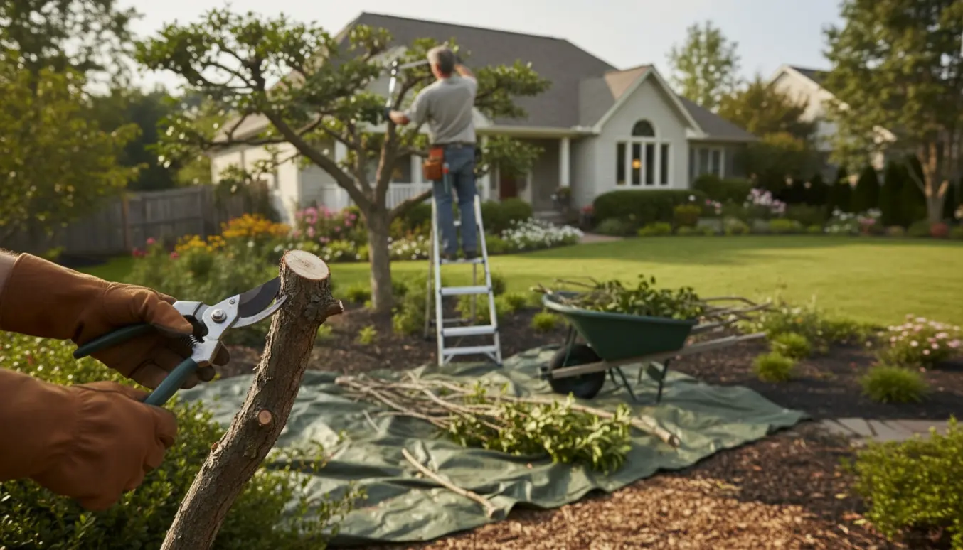 Nærbillede af beskæring i en parcelhushave med handsker, sakse, stige og en bunke afklippede grene.