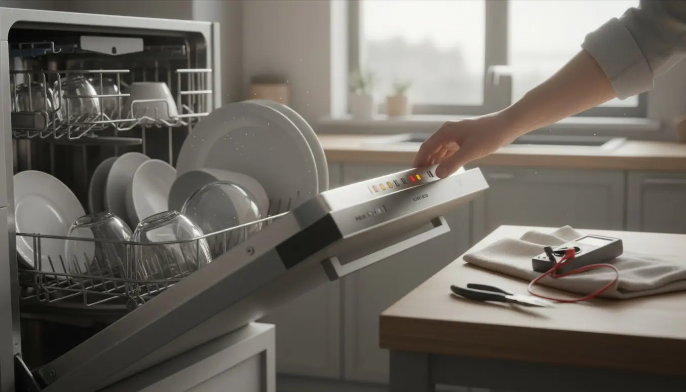 Nærbillede af en hånd, der trykker på et opvaskemaskinepanel med blinkende lys, åben dør og værktøj på køkkenbordet.