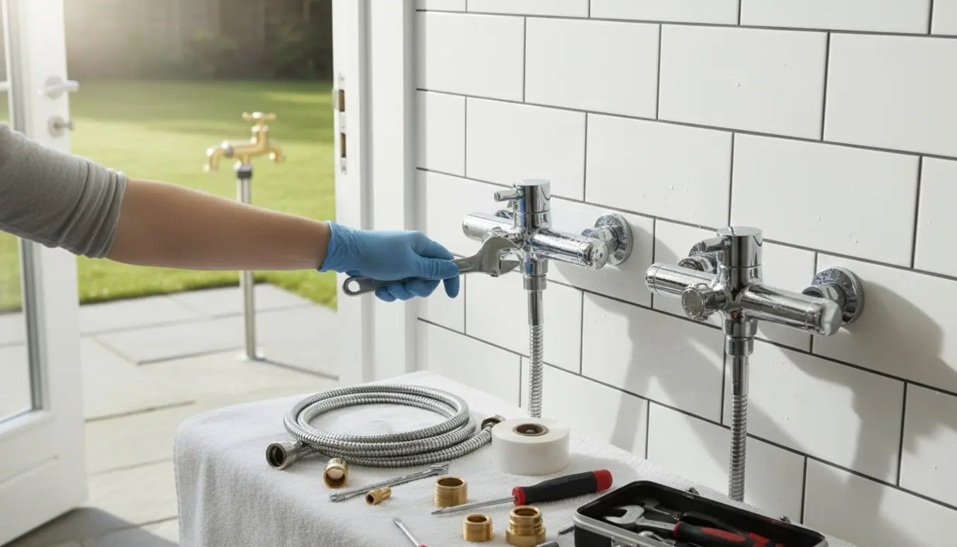 Nye krombrusebatterier installeres i et lyst badeværelse med en ny udendørs vandhane synlig udenfor.