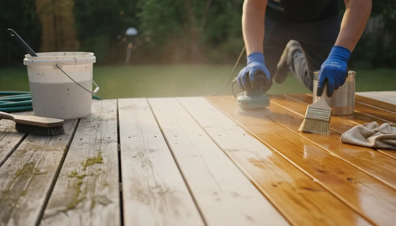 Delvist slebet og nyolieret træterrasse med handsker, slibemaskine, børste og olie i blødt eftermiddagslys.