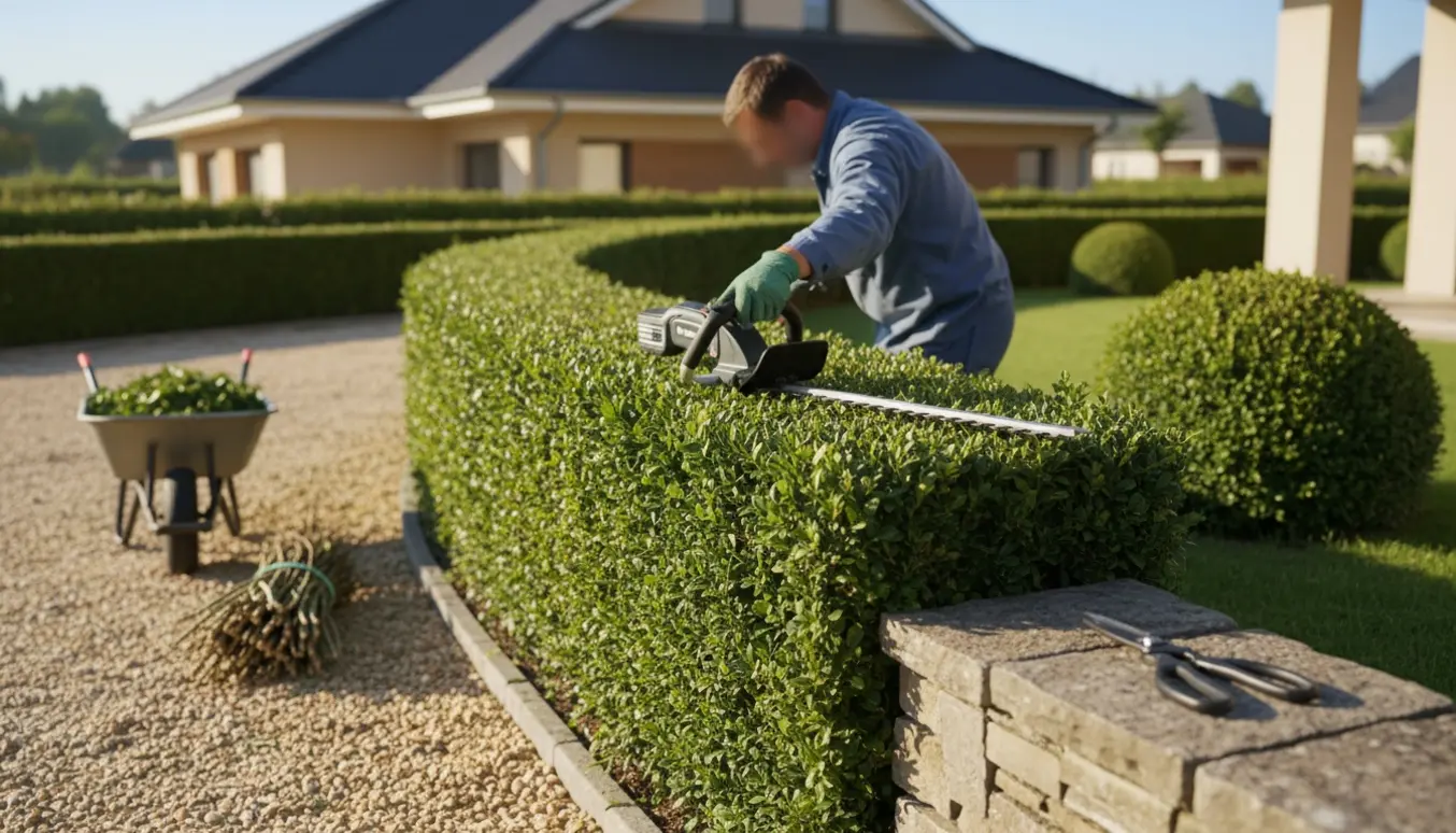Hækkeklipning langs indkørsel med hækkeklipper, beskårne buske og en vogn med afklip i morgensol.
