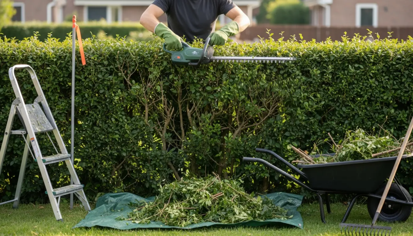 Hæk bliver klippet og tyndet i en solrig forhave med redskaber og samlet afklip.