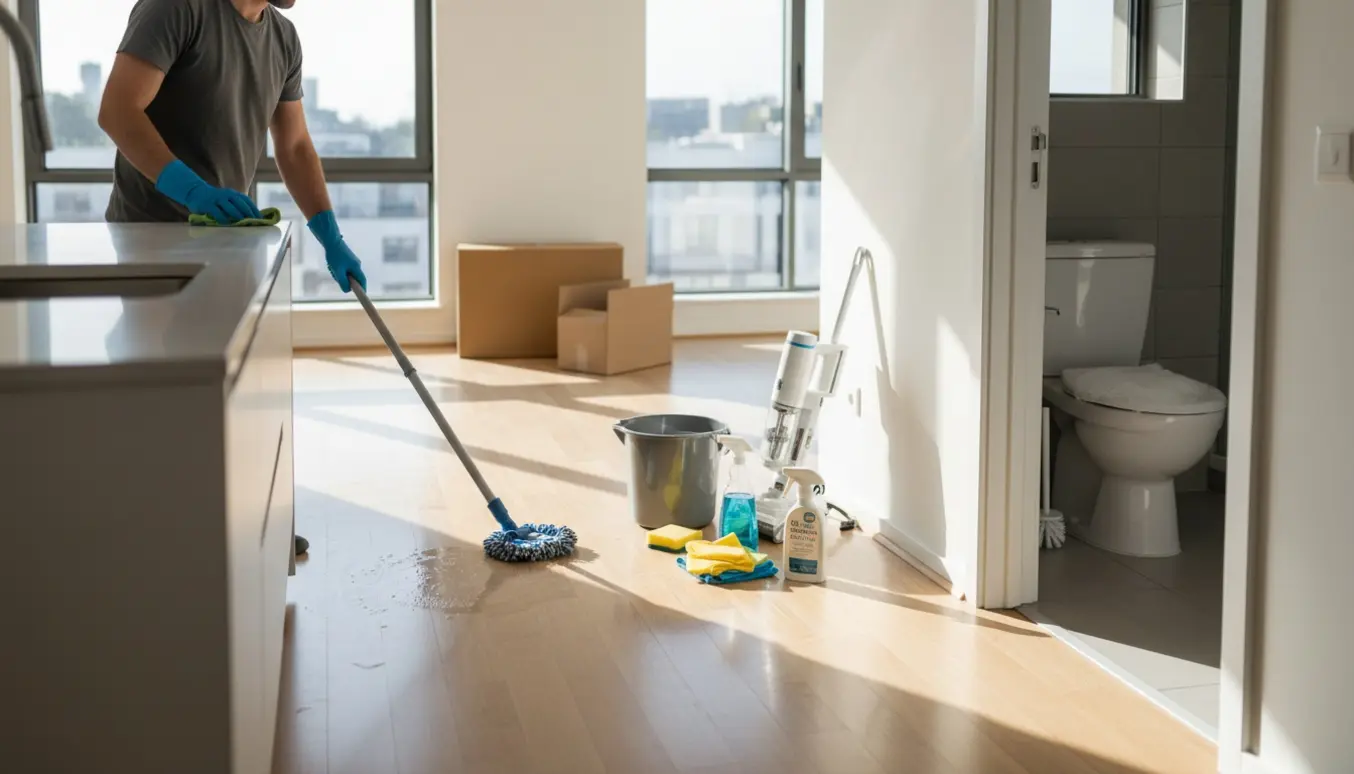 Tom lejlighed under fraflytningsrengøring med en person, der vasker gulvet og afkalker toilettet.