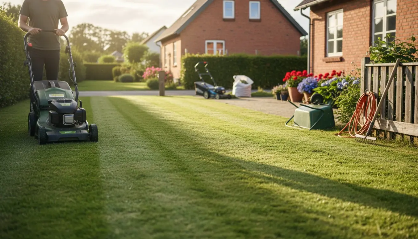 Nyklippet, stribet plæne foran to huse i Rødby med en person, der klipper græsset set bagfra.