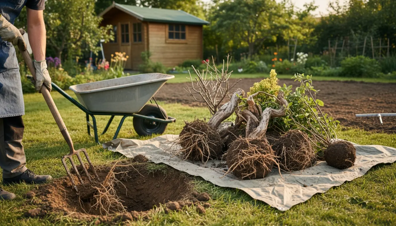 Opgravede buske, spade og trillebør i en solbeskinnet have med jævnet jord.
