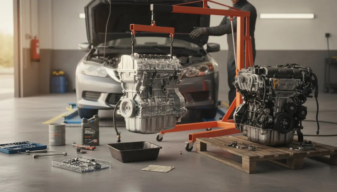 Ny motor løftes på plads i en garage ved en Mondeo, omgivet af værktøj og oliespild.