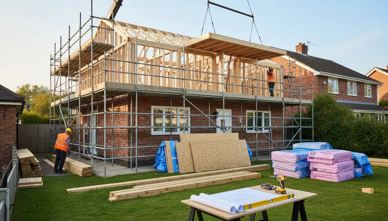 Parcelhus får ny etage med træskelet, stillads og kran under opbygning.