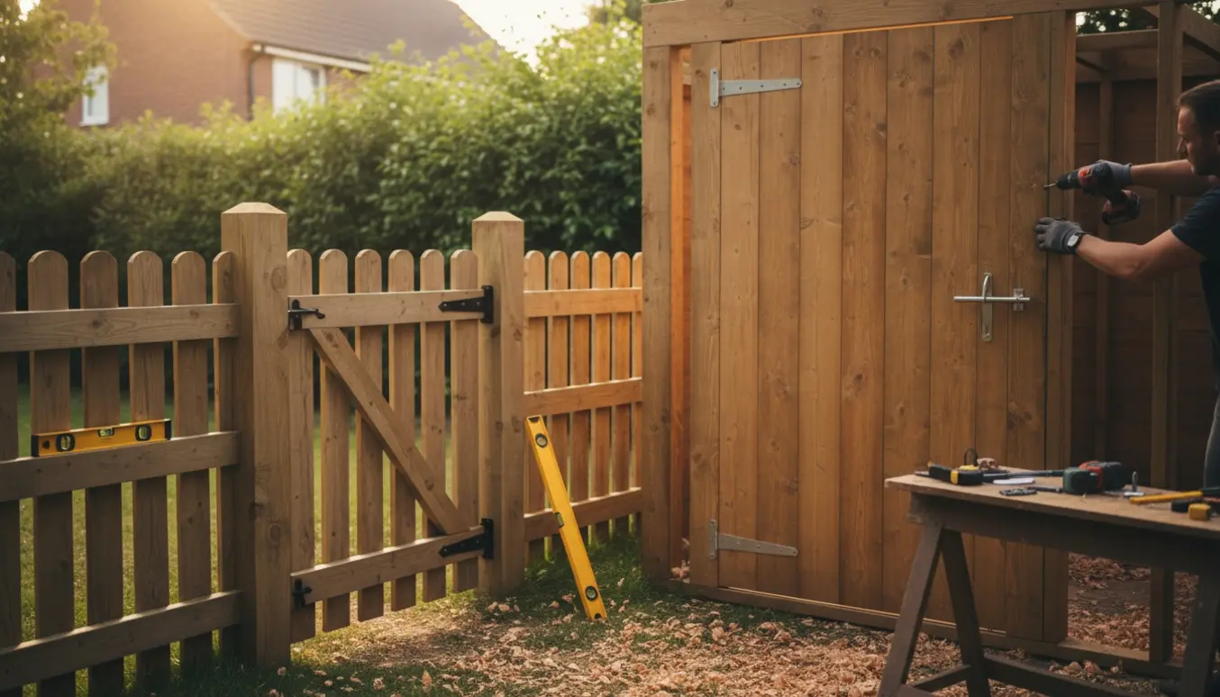 Ny trædør monteres i skur med nyt træhegn og låge ved siden af.