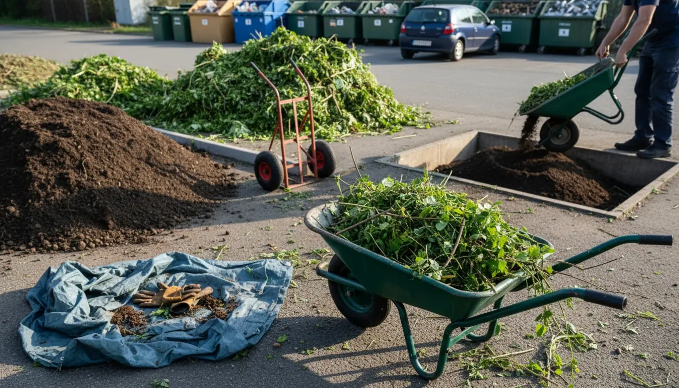 Trillebør med hækafklip og hænder, der tømmer jord ved en genbrugsplads.