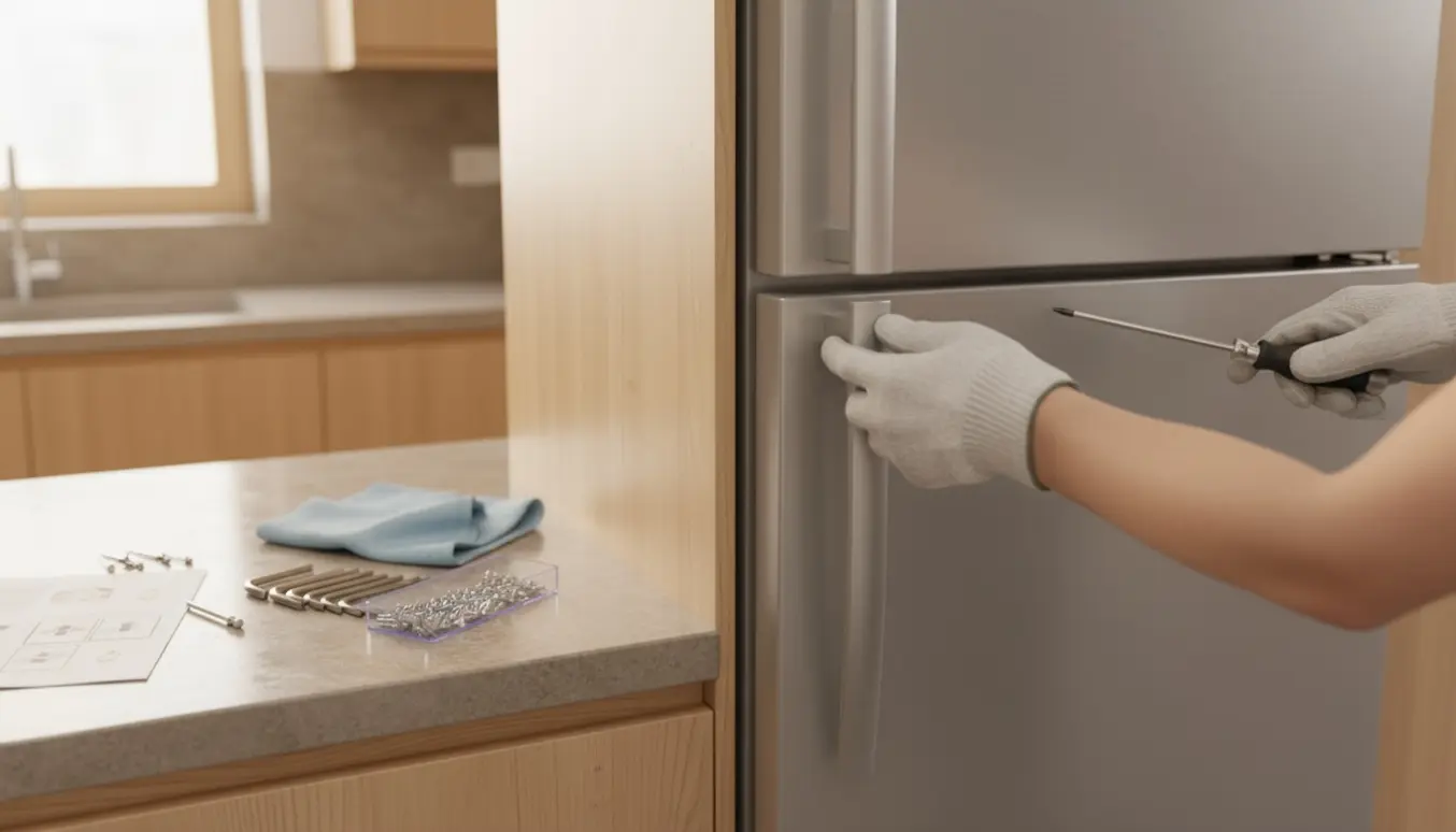 Hænder monterer en ny køleskabslåge i et moderne køkken.