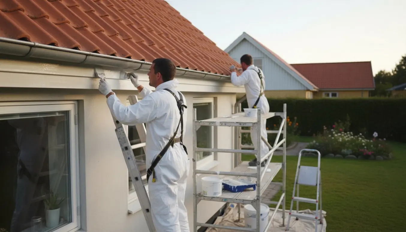 Maler på stige maler sternbræt og gavl på et parcelhus med stillads og malerbøtter i forgrunden.