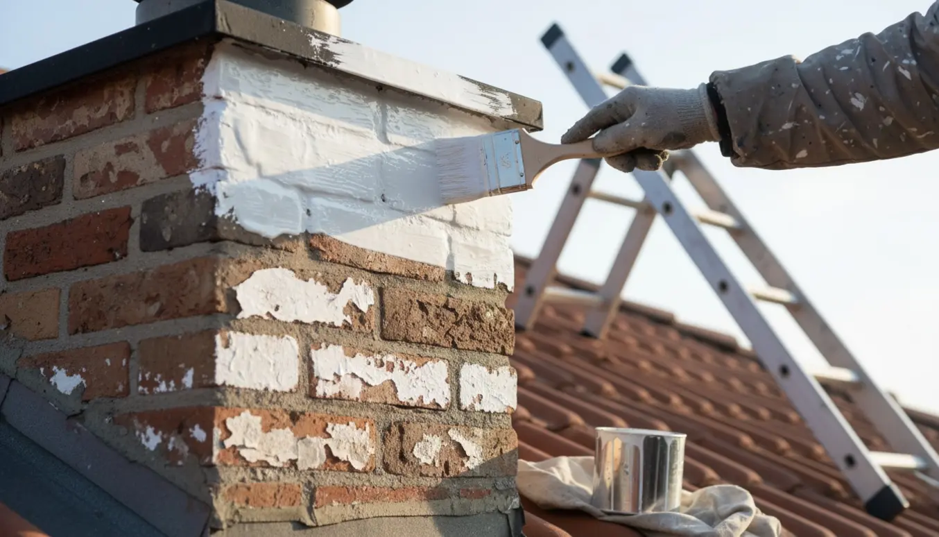 Nærbillede af en hånd, der maler toppen af en skorsten hvid med en sort kant, hvor gammel maling er skallet af.
