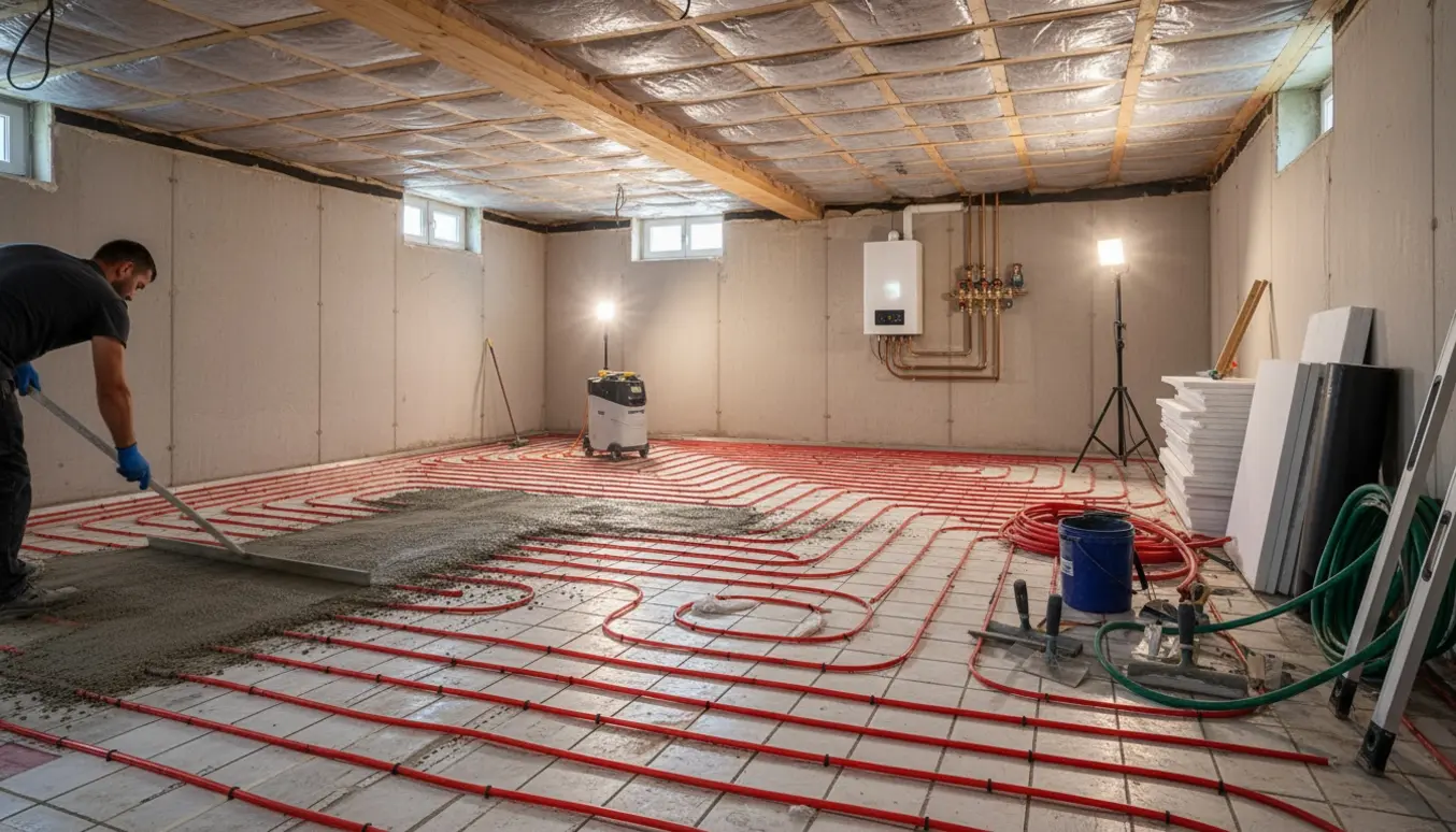 Kælder under renovering med isolering, gulvvarmerør og varmepumpe i hjørnet.