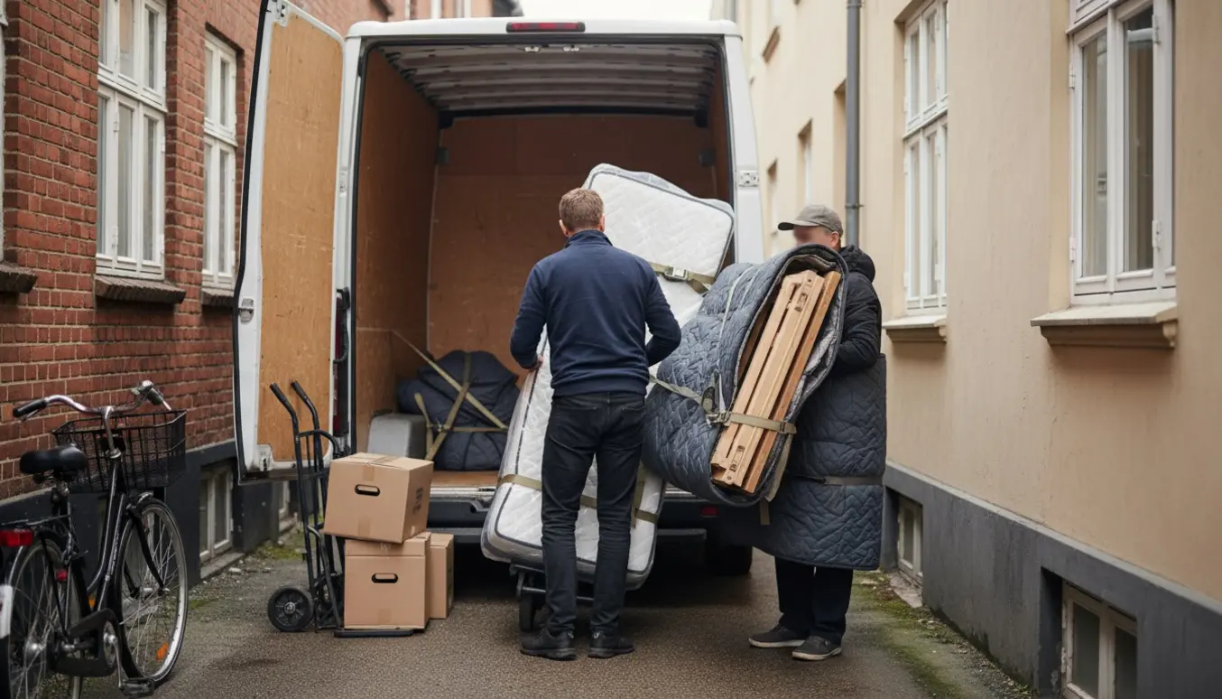 En brugt seng bliver forsigtigt båret fra en varevogn ind i en lejlighed med flyttetæpper og håndvogn.