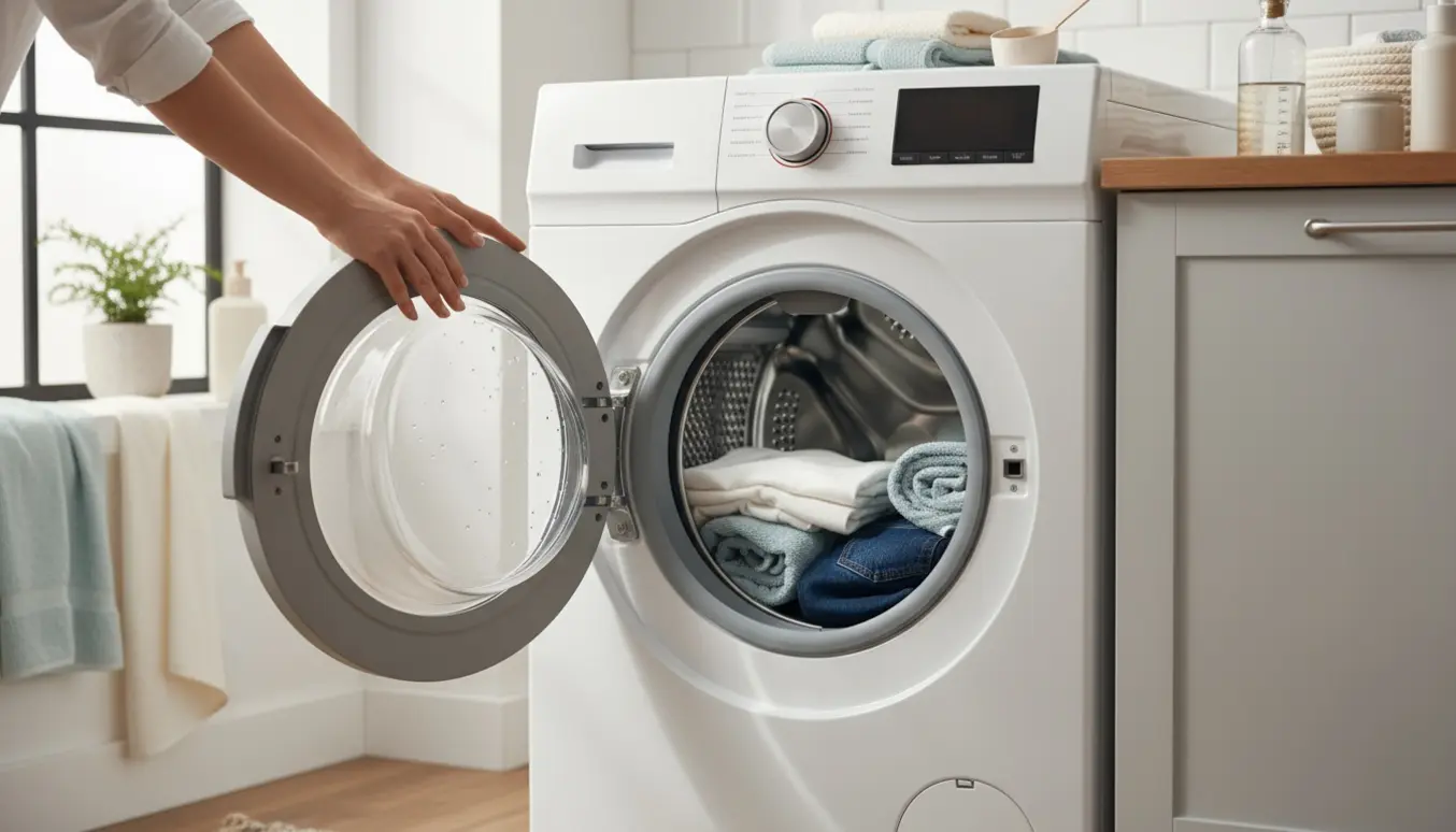 Hænder lægger tøj i en åben frontbetjent vaskemaskine i et lyst, ryddeligt vaskerum.