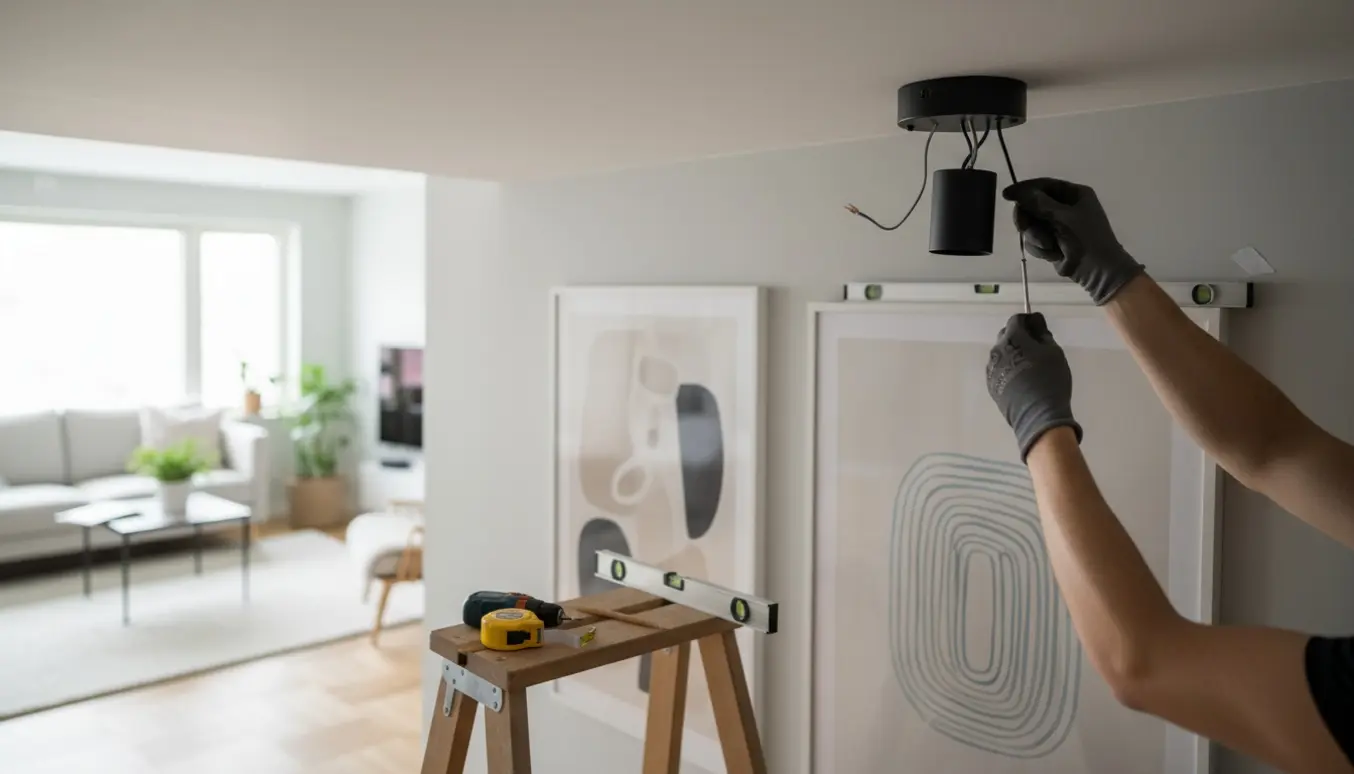 Nærbillede af montering af sort Pilskott-loftlampe i en skandinavisk stue med plakater klar til ophæng.