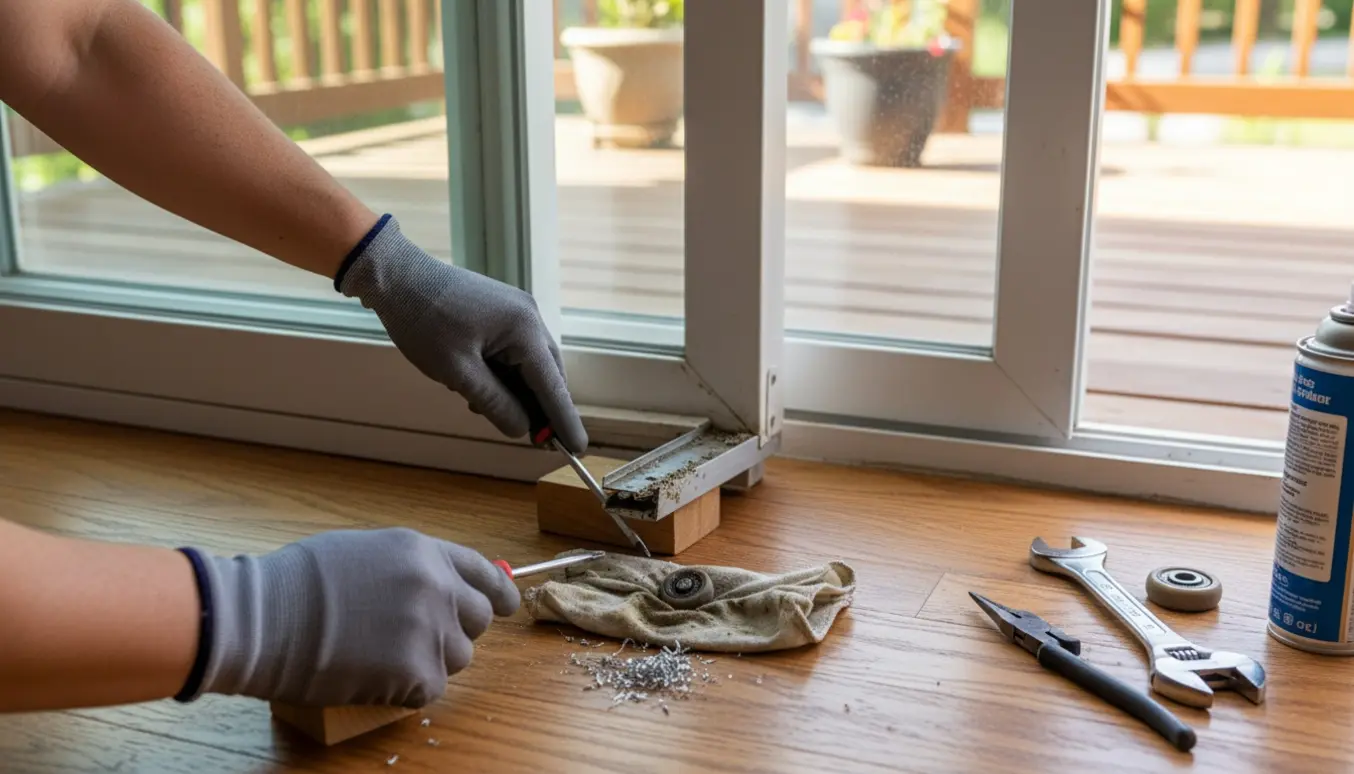 Skydedør står skævt uden for skinnerne, mens handskerede hænder justerer bundrullen med værktøj på terrassekarmen.